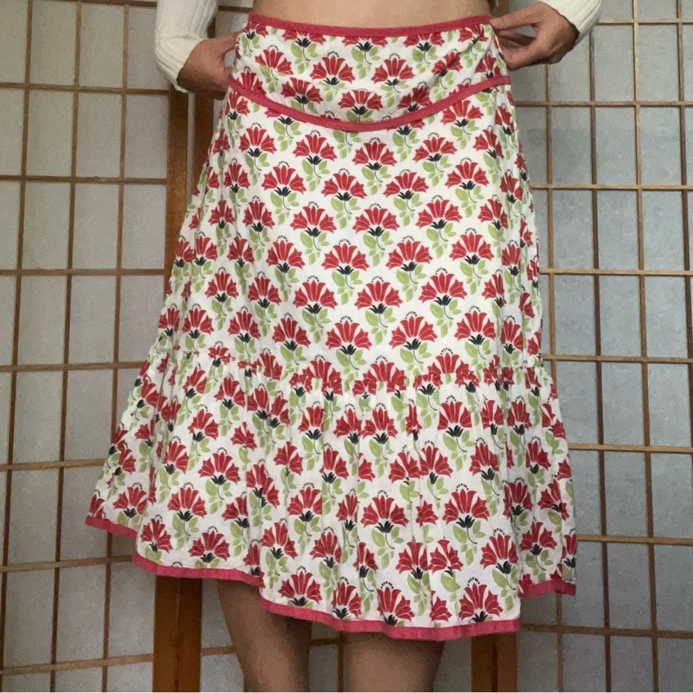 Vintage Red Floral Lined Midi Skirt Boho Cottagecore Y2K